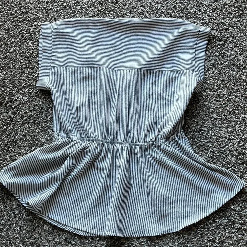 Monteau LA Blouse White Blue Women L Striped Summer Babydoll Feminine Going Out - Picture 3 of 7